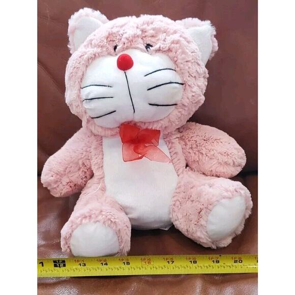 11 Inch Pink White Cat Red Round Flocked Nose Calplush Stuffed Animal Plush Toy - Picture 8 of 11